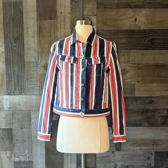 Urban Outfitters BDG jean jacket small red white and blue denim preppy stripes - Picture 12 of 12